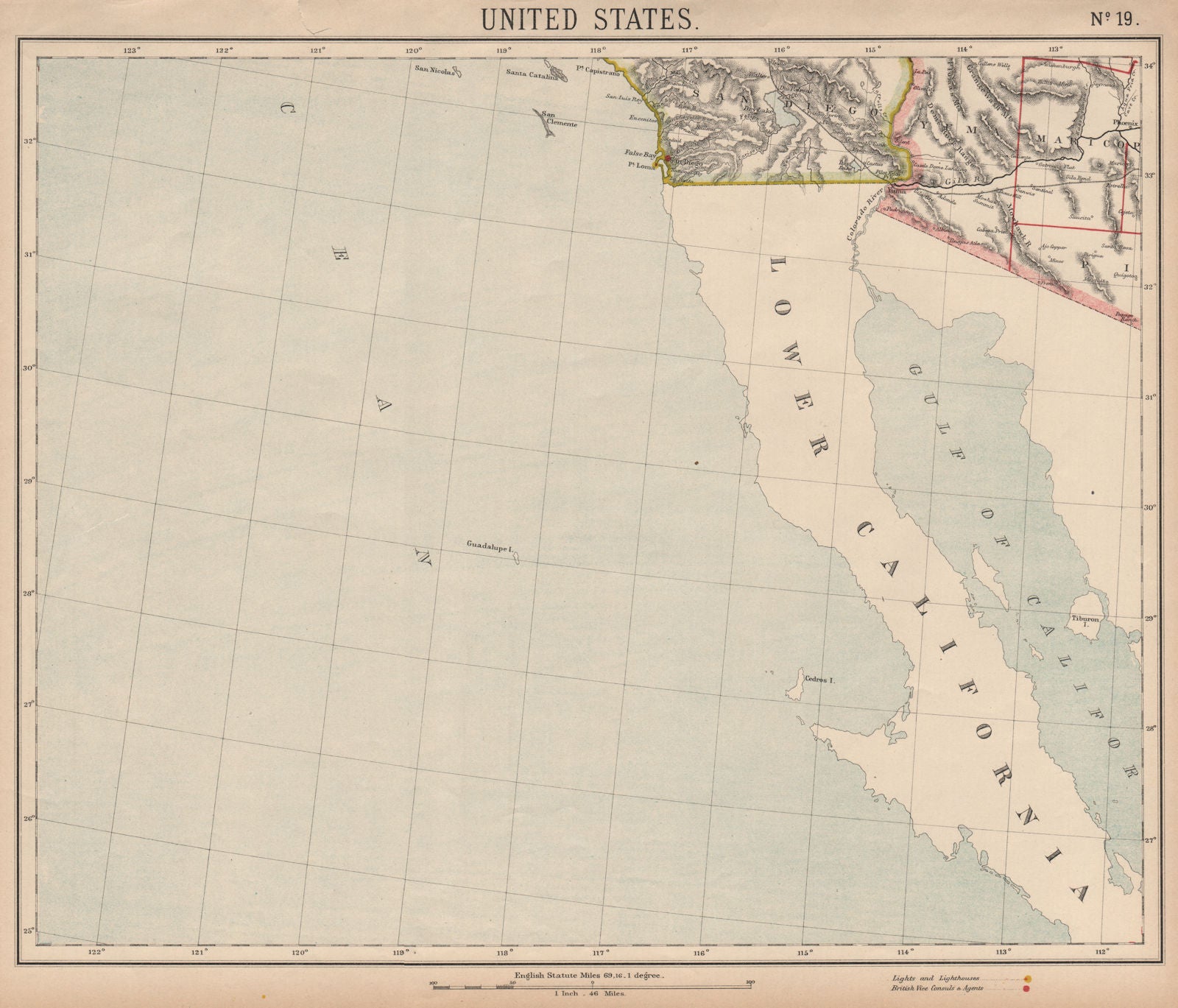 Baja & SOUTHERN CALIFORNIA & ARIZONA. San Diego & Phoenix. LETTS 1889 old map